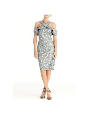 Rachel Roy Jolie Grey Metallic Floral Plaid Crossover Neckline Dress Size S NWOT